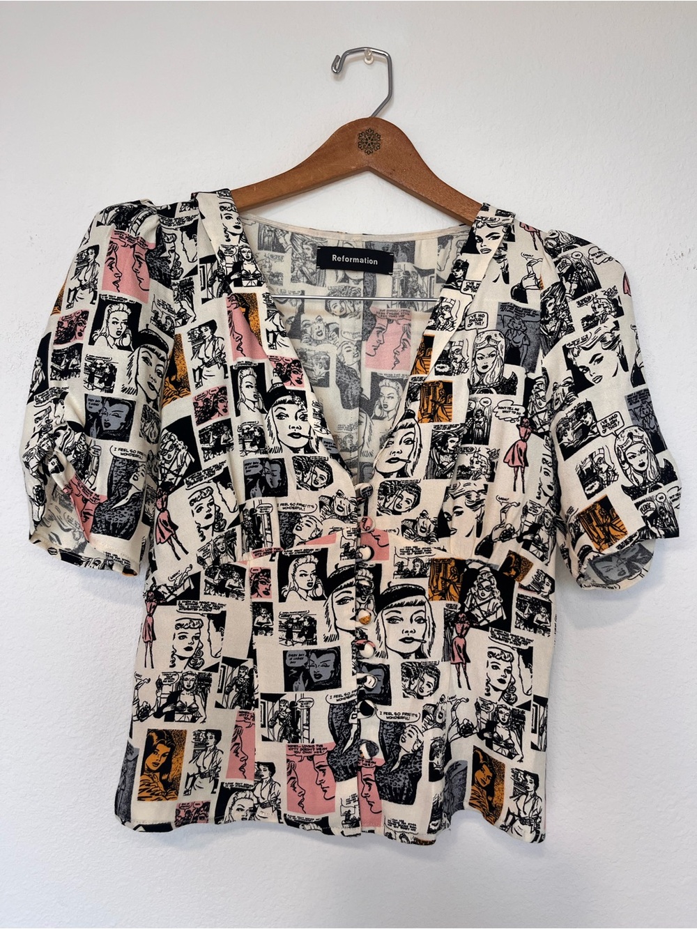 Reformation Comic-Print Puff Sleeve Top